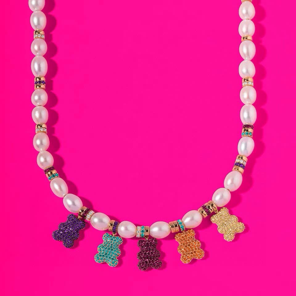 APM Monaco Pearl and Crystal Bear Charm Necklace